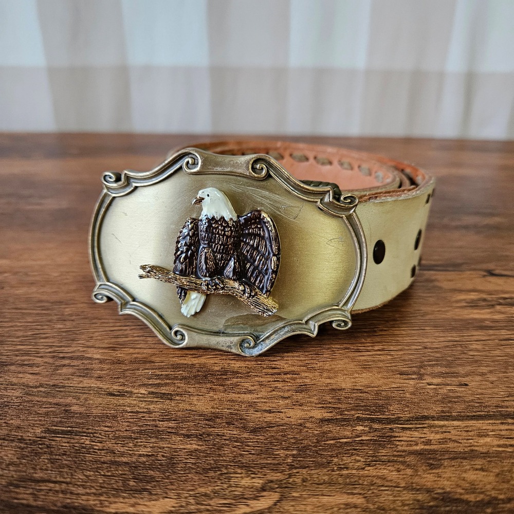 Vtg 70s 1978 Raintree Eagle Belt Buckle White Woven Western Leather Belt Size 32